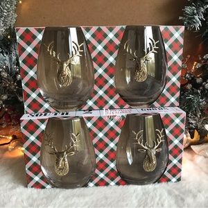 4 Gold Deer with Antlers Stag Christmas Holiday Stemless Wine Glass